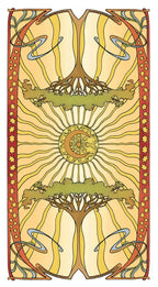 Decorative design with trees, sun, and moon in a stylized art nouveau style.