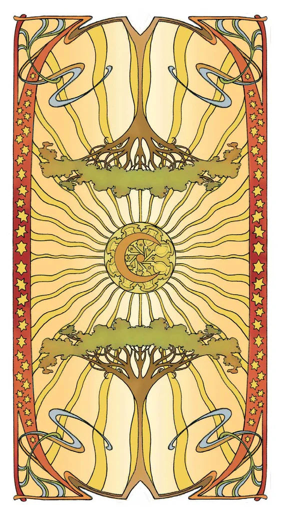 Decorative design with trees, sun, and moon in a stylized art nouveau style.
