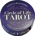 Round packaging of 'Circle of Life Tarot' with purple and white design.