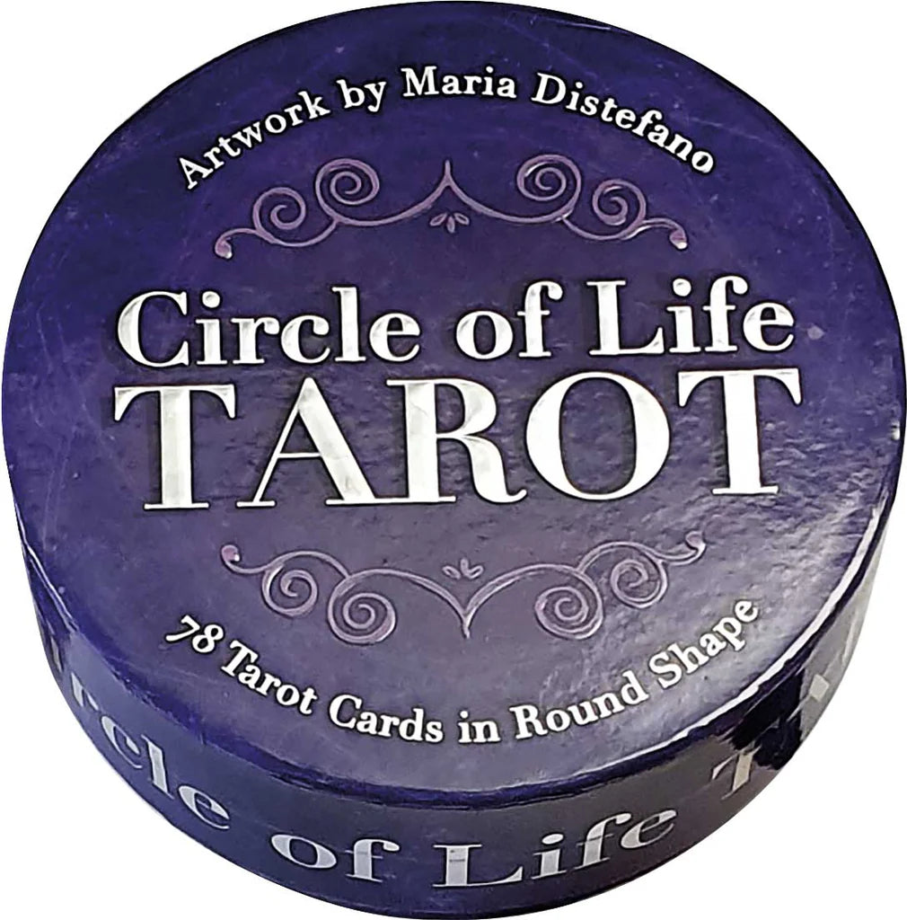 Round packaging of 'Circle of Life Tarot' with purple and white design.