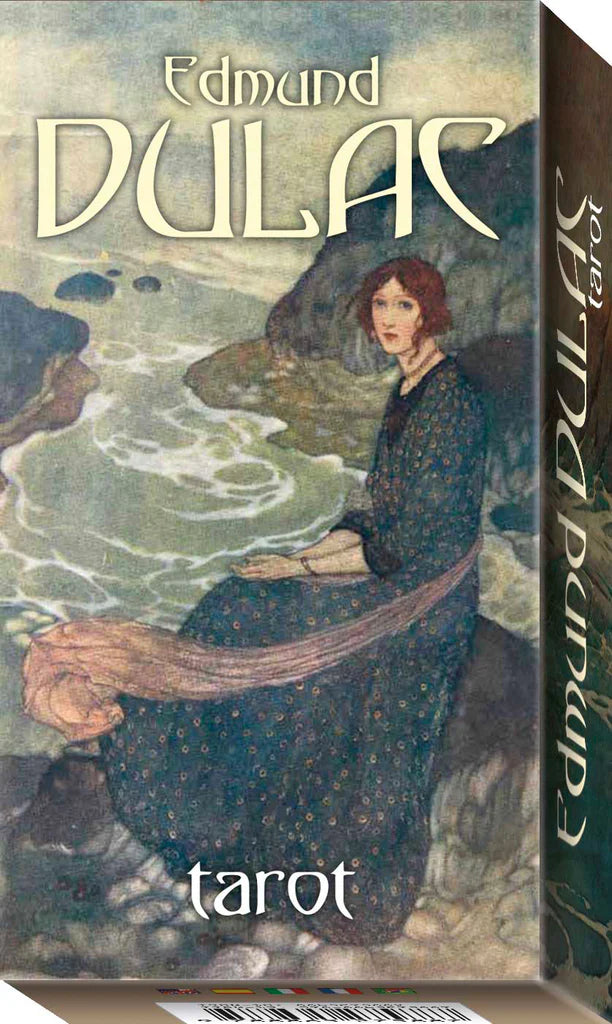 Edmund Dulac tarot card box with illustration of a woman and child by a river.