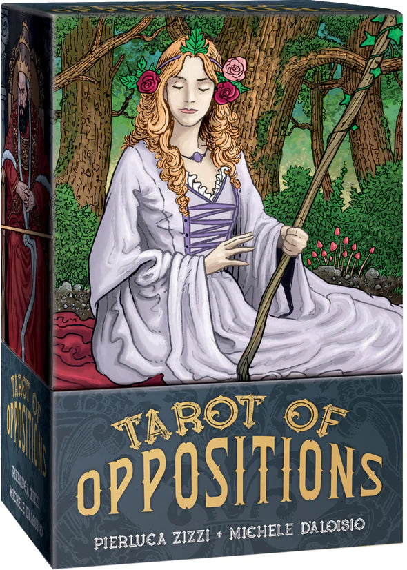 Box for 'Tarot of Oppositions' with a woman in a forest setting on the cover.