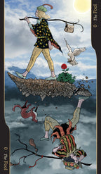 Tarot card featuring a person with a dog and a bird, with a colorful and whimsical design.