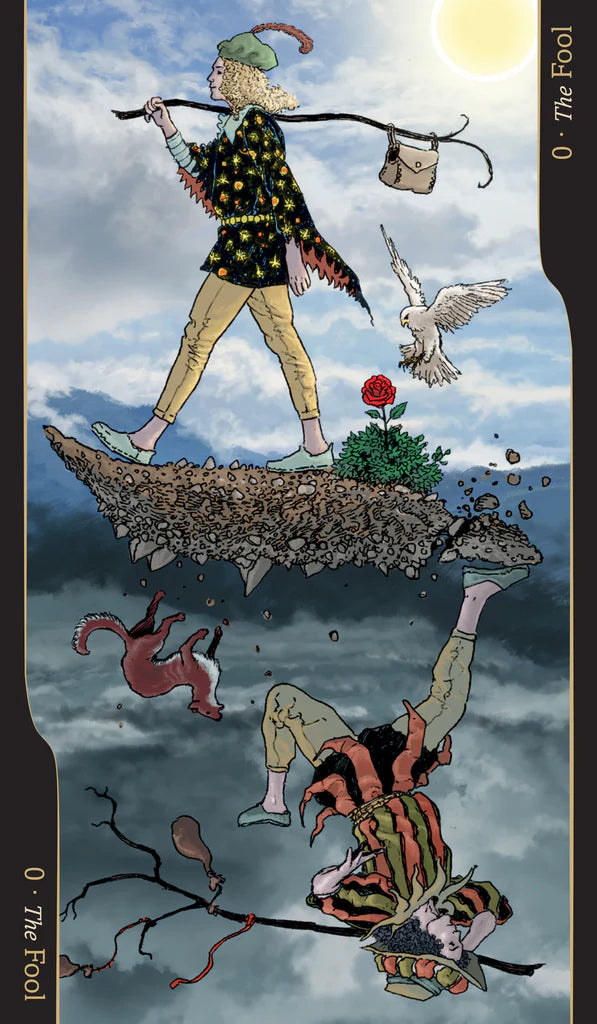Tarot card featuring a person with a dog and a bird, with a colorful and whimsical design.