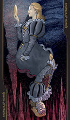 Tarot card featuring a woman holding a mirror with a dark, mystical background