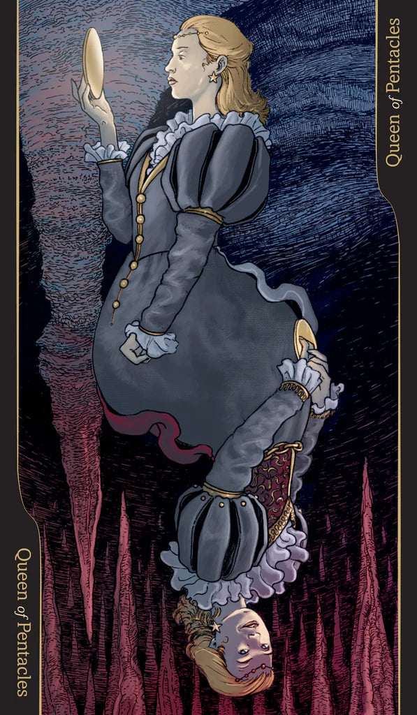 Tarot card featuring a woman holding a mirror with a dark, mystical background