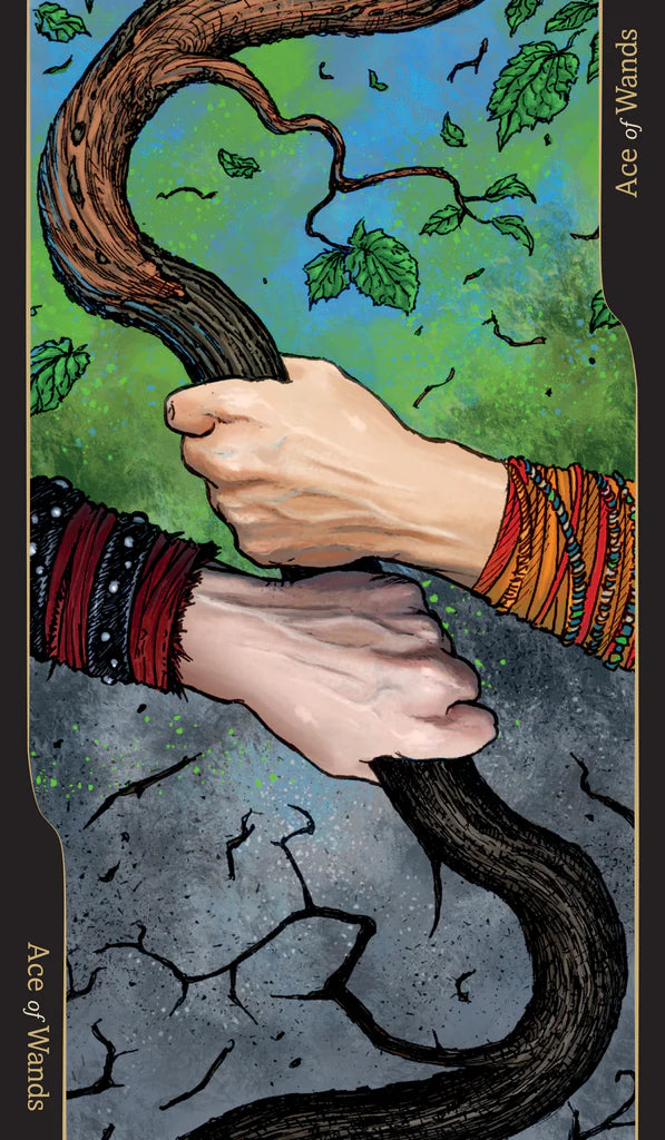 Tarot card featuring two hands holding a staff against a natural background