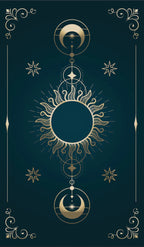 Decorative design with sun, moon, and stars on a dark blue background