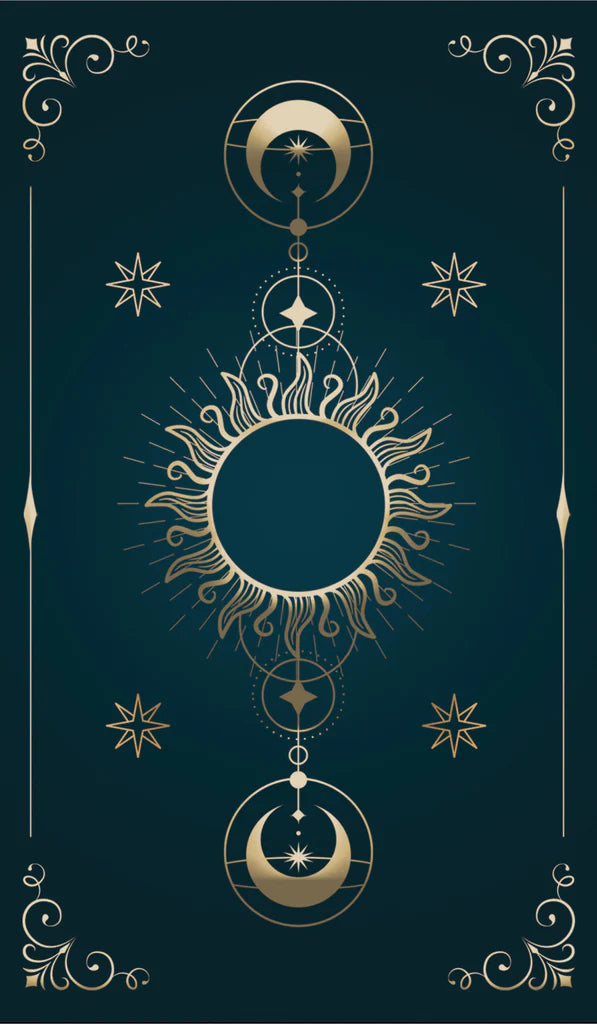 Decorative design with sun, moon, and stars on a dark blue background