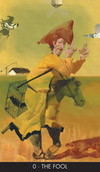 Card from a tarot deck featuring a person in yellow robes with a red hood riding a horse, with a yellow background.