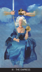Artistic depiction of 'The Empress' card from a tarot deck, featuring a figure in a blue dress holding a sword and a wheel.