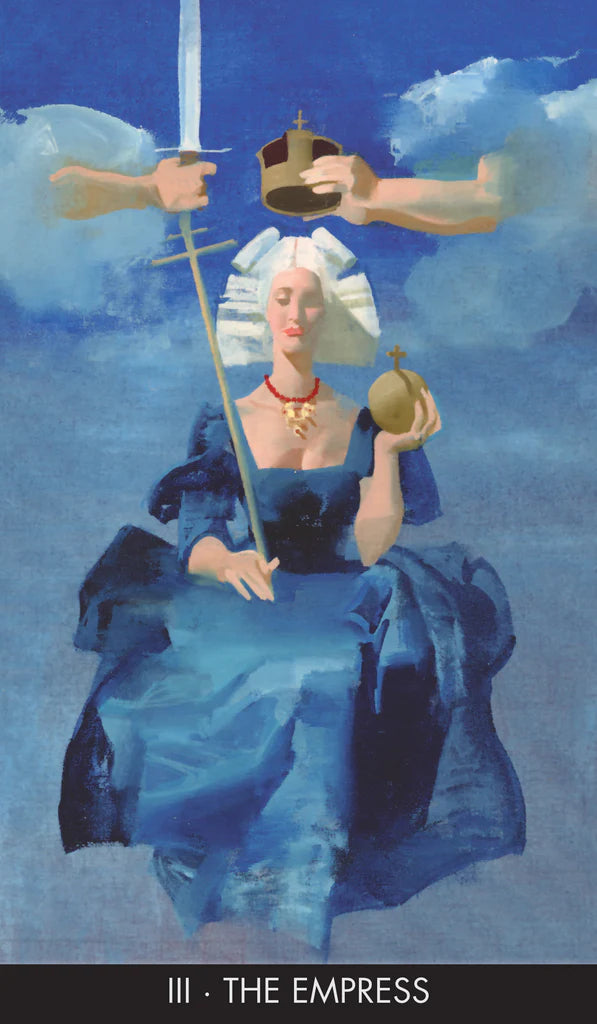 Artistic depiction of 'The Empress' card from a tarot deck, featuring a figure in a blue dress holding a sword and a wheel.