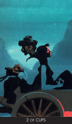 Silhouette of a man and woman in a carriage against a starry night sky, with '2 of Cups' tarot card text.