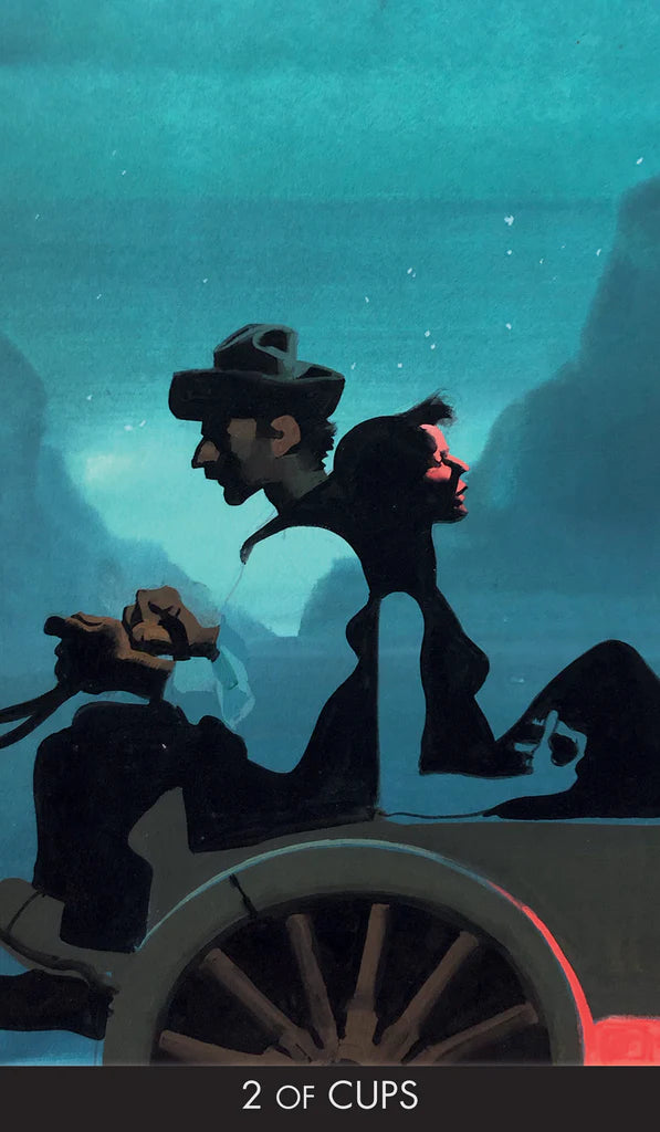 Silhouette of a man and woman in a carriage against a starry night sky, with '2 of Cups' tarot card text.