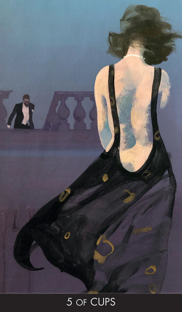 Artistic depiction of a person in black evening dress from behind, standing on a roof with a man in the background.