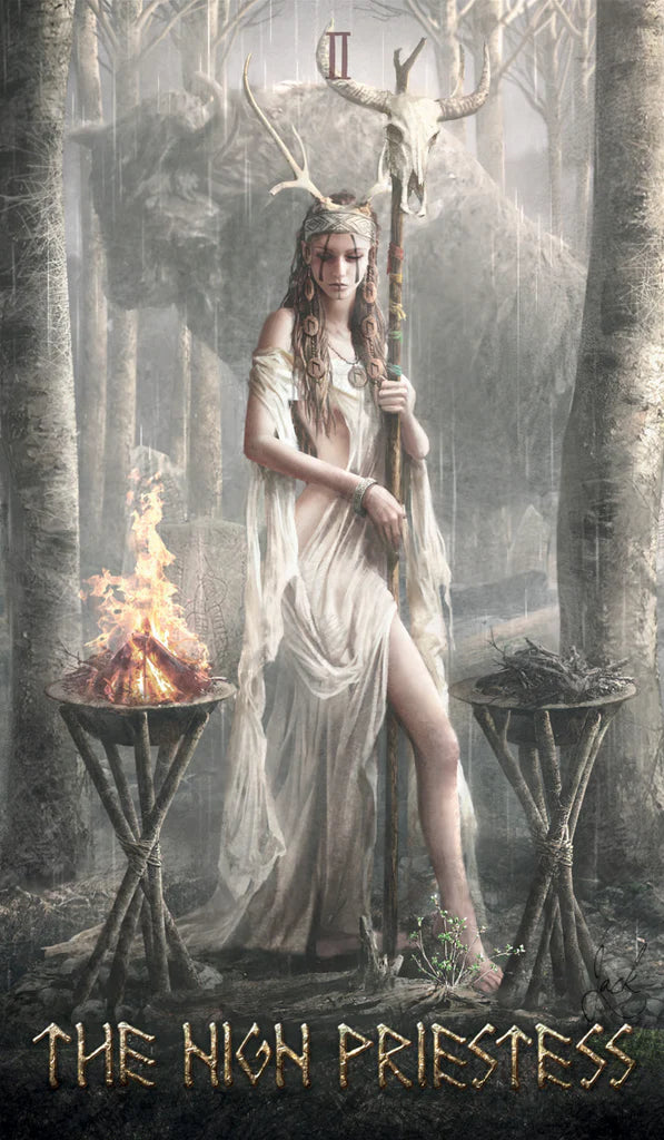 Woman in a white dress holding a staff in a forest with 'The High Priestess' text below.