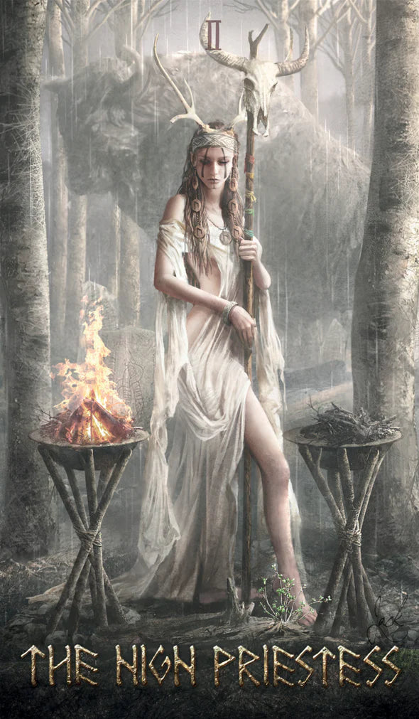 Woman in a white dress holding a staff in a forest with 'The High Priestess' text below.