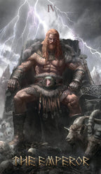Majestic figure on a throne with lightning and a bear, labeled 'The Emperor'.