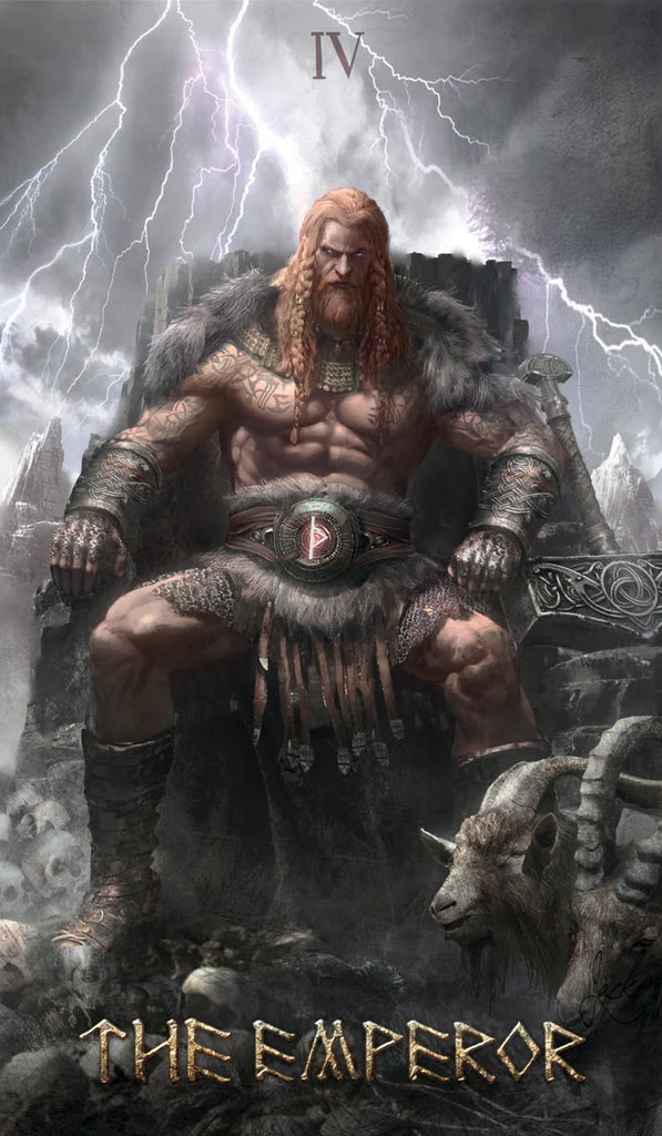 Majestic figure on a throne with lightning and a bear, labeled 'The Emperor'.