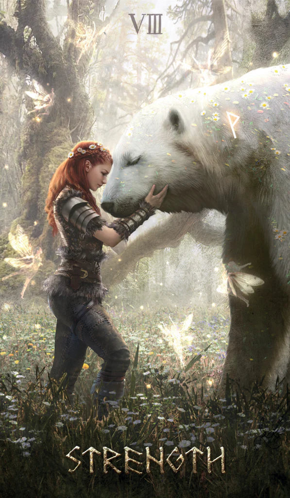 Woman hugging a large white bear in a forest with 'Strength' text below.