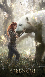 Woman hugging a large white bear in a forest with 'Strength' text below.