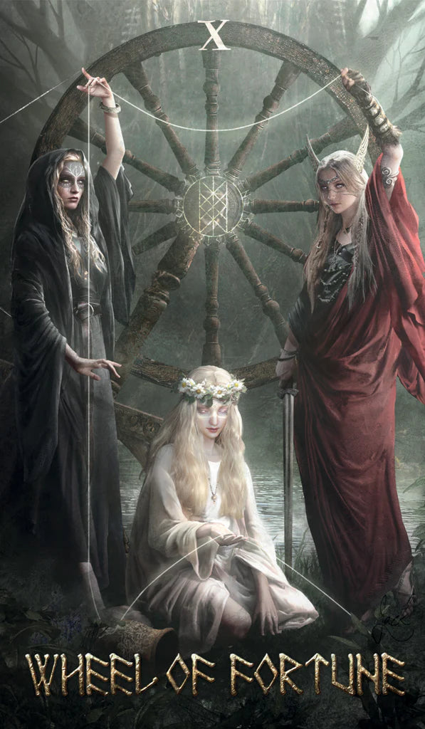 Three figures standing around a large wheel labeled 'Wheel of Fortune' in a dark, mystical setting.