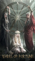 Three figures standing around a large wheel labeled 'Wheel of Fortune' in a dark, mystical setting.