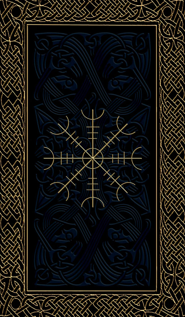 Decorative book cover with a wolf design and Runes on a black background