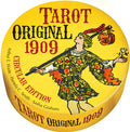 Circular Tarot card packaging with a vintage design featuring a woman and text on a yellow background.