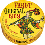 Circular Tarot card packaging with a vintage design featuring a woman and text on a yellow background.