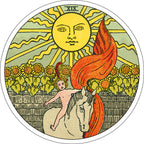 Tarot card with a sun, horse, and child in a stylized design.