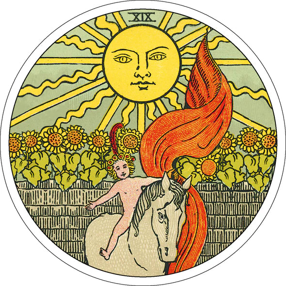 Tarot card with a sun, horse, and child in a stylized design.