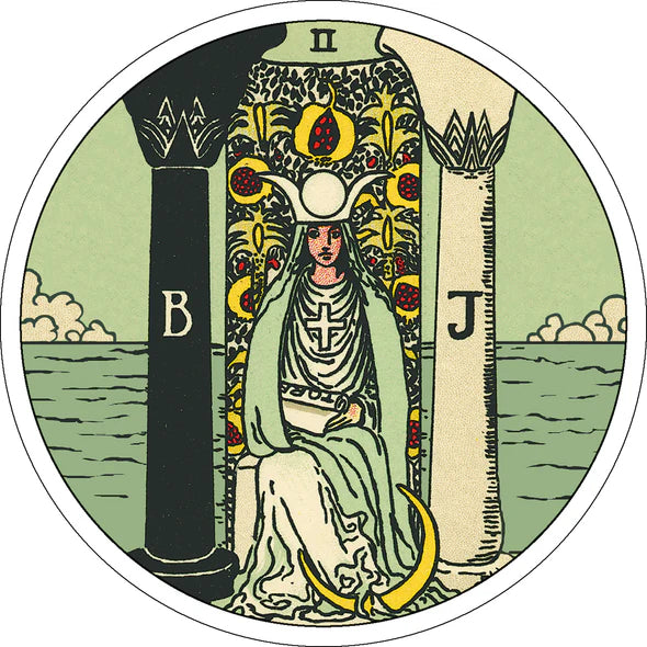 Decorative card with a central figure, columns, and symbols on a circular background