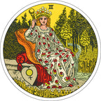 Tarot card with a figure in a floral dress holding a staff, surrounded by nature elements.