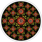 Circular design with red floral pattern on a black background. This is the back side of the circular Tarot Original 1909