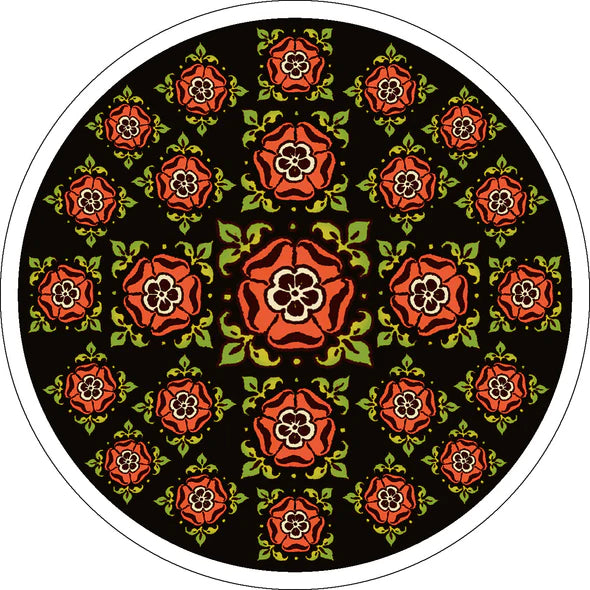 Circular design with red floral pattern on a black background. This is the back side of the circular Tarot Original 1909