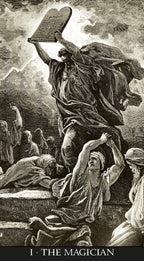 Vintage illustration of a figure holding tablets with people below, labeled 'The Magician'.