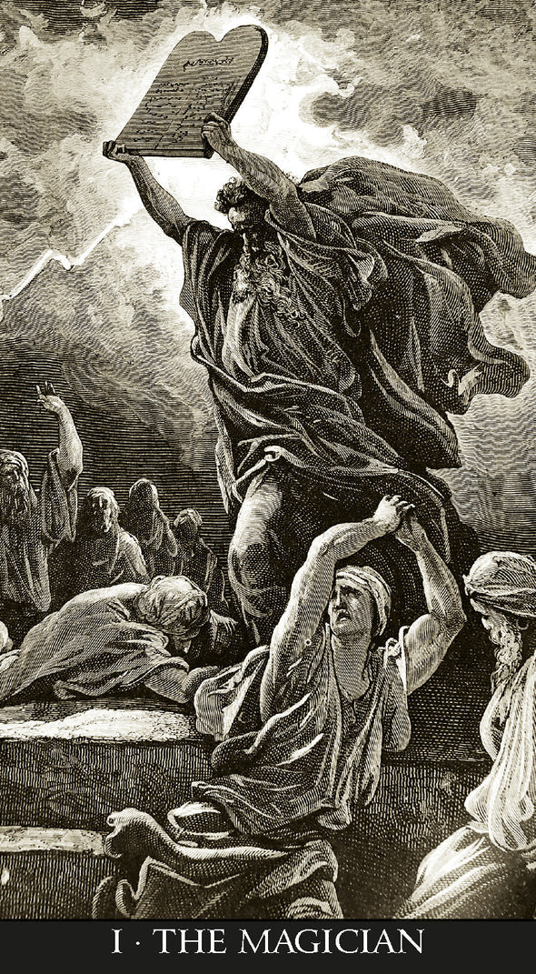 Vintage illustration of a figure holding tablets with people below, labeled 'The Magician'.