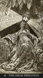 Engraving of 'The High Priestess' from a tarot card, featuring a figure in regal attire with a crown.