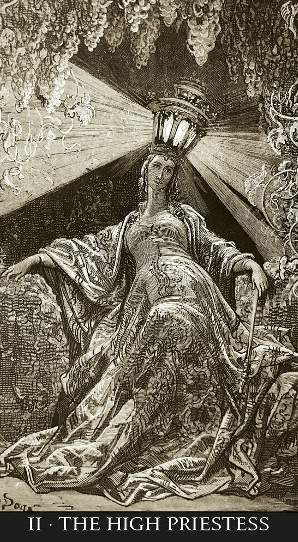 Engraving of 'The High Priestess' from a tarot card, featuring a figure in regal attire with a crown.