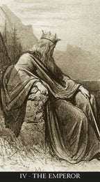 Vintage illustration of a king in regal attire with a crown, sitting on a throne.