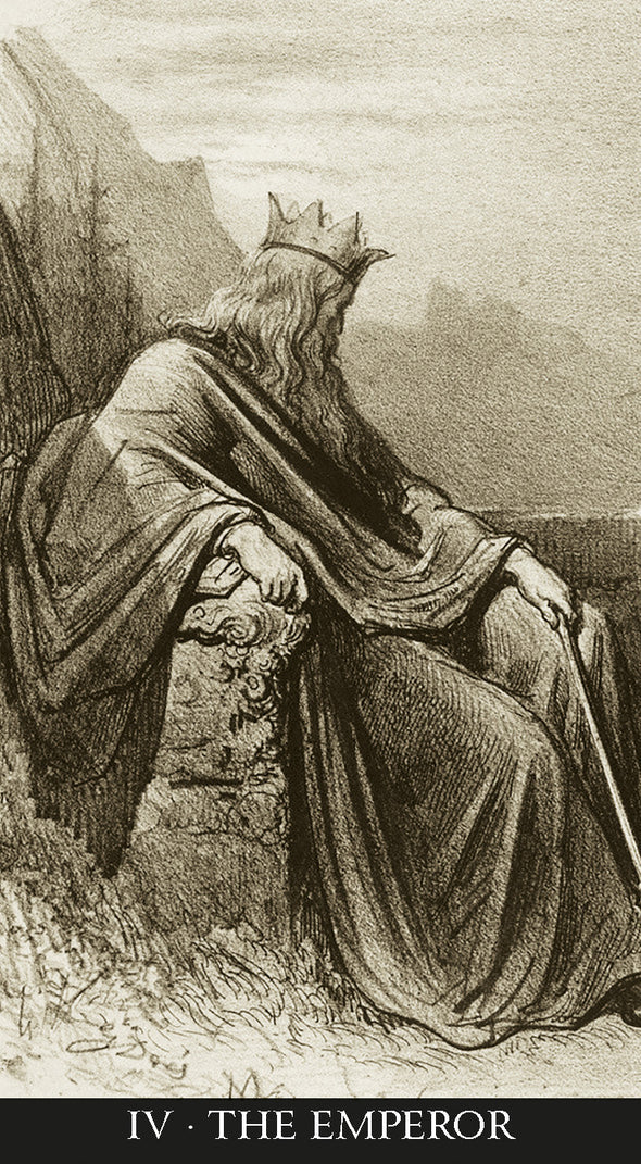 Vintage illustration of a king in regal attire with a crown, sitting on a throne.