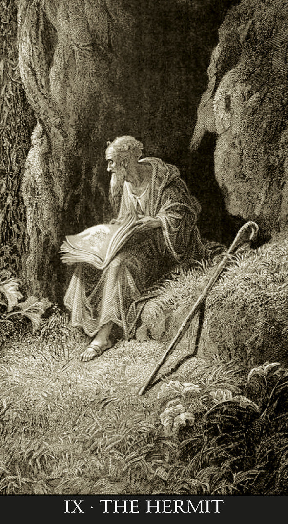 Vintage engraving of a hermit sitting in a cave with a staff, labeled 'IX - The Hermit'.
