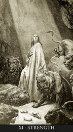 Vintage illustration of a figure in a white robe surrounded by symbolic animals in a cave.