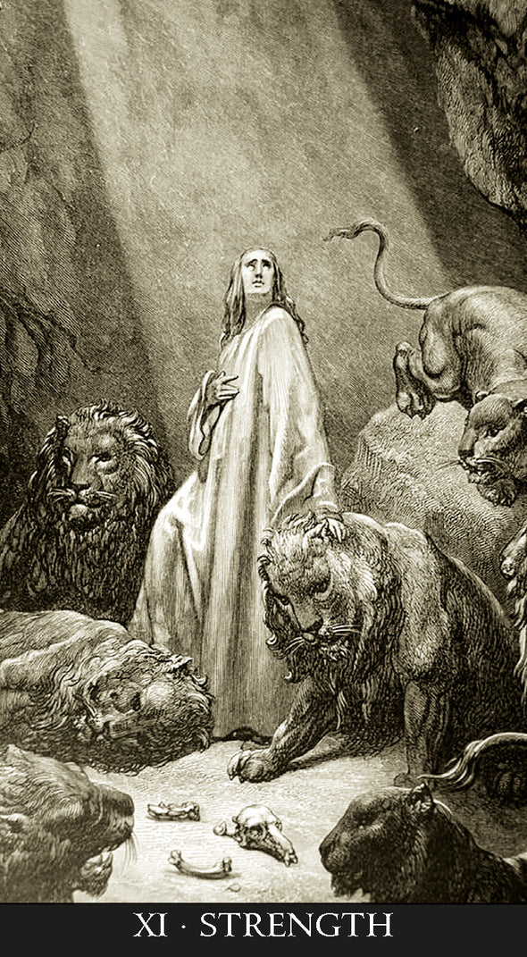 Vintage illustration of a figure in a white robe surrounded by symbolic animals in a cave.