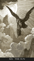 Vintage illustration of an angel with outstretched wings in a cloud-filled sky, labeled 'XIX - The Sun'.