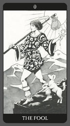 Tarot card featuring 'The Fool' with a person holding a sword and a dog, set against a mountainous landscape.