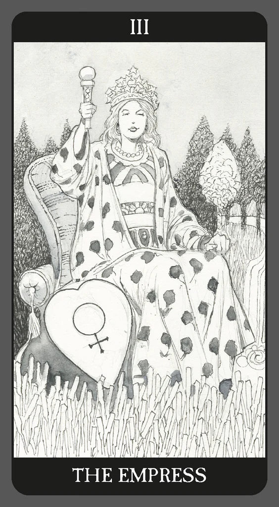 Black and white illustration of 'The Empress' tarot card with a woman on a throne holding a heart symbol.