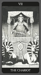 Tarot card 'The Chariot' with a central figure and sphinxes on a dark background