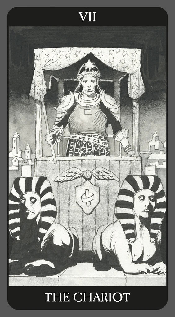 Tarot card 'The Chariot' with a central figure and sphinxes on a dark background